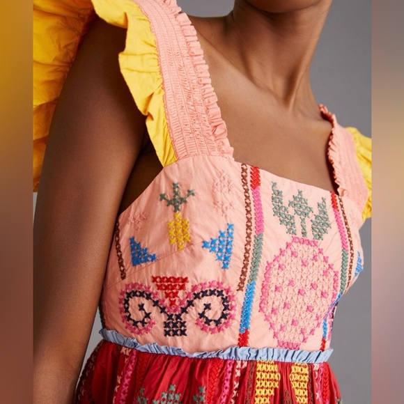 FARM Rio Color Blocking Pineapple Embroidered Tiered Mini Dress Red Size M - Picture 3 of 15